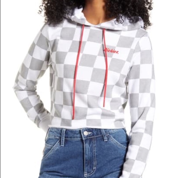 NWT DICKIES grey white red checker crop hoodie Sm - Picture 14 of 16